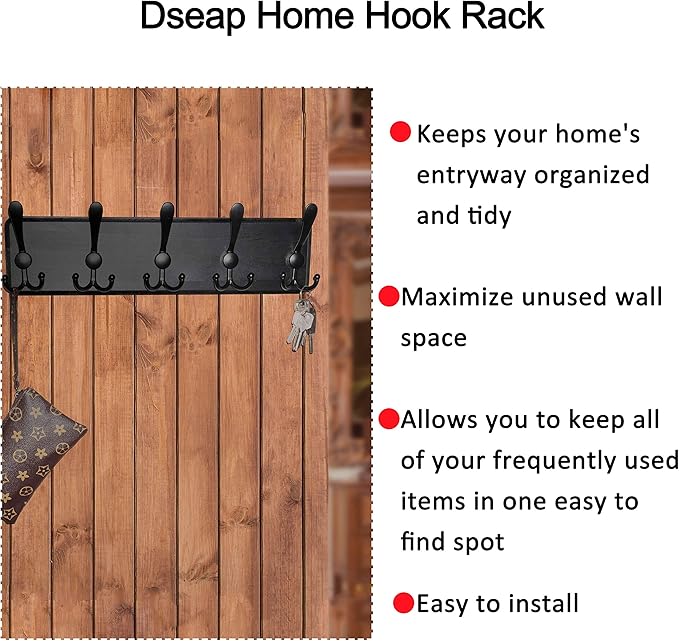 Dseap Coat Rack Wall Mounted - 5 Tri Hooks, Heavy Duty, Wooden Wall Coat Hanger Coat Hook for Clothes Hat Jacket Clothing, Black, Pack of 2