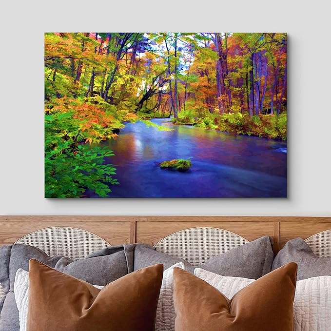 wall26 Canvas Print Wall Art Multicolor Autumn Forest with Blue River Floral Nature Illustrations Realism Bohemian Scenic Relax/Calm Cool for Living Room, Bedroom, Office - 16"x24"