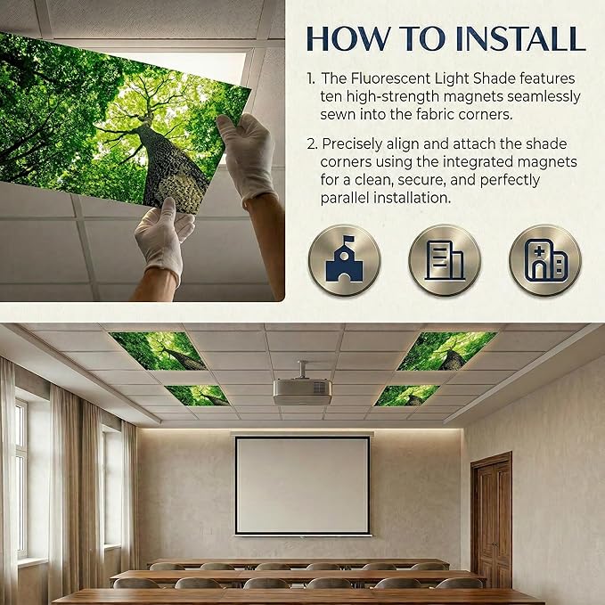 Fluorescent Light Covers for Ceiling Lights -Magnetic Cloud Cover for Fluorescent Or LED Fixture 2ft x 4ft Classroom,Home,Office Decoration Filters Overhead Lighting- Towering trees