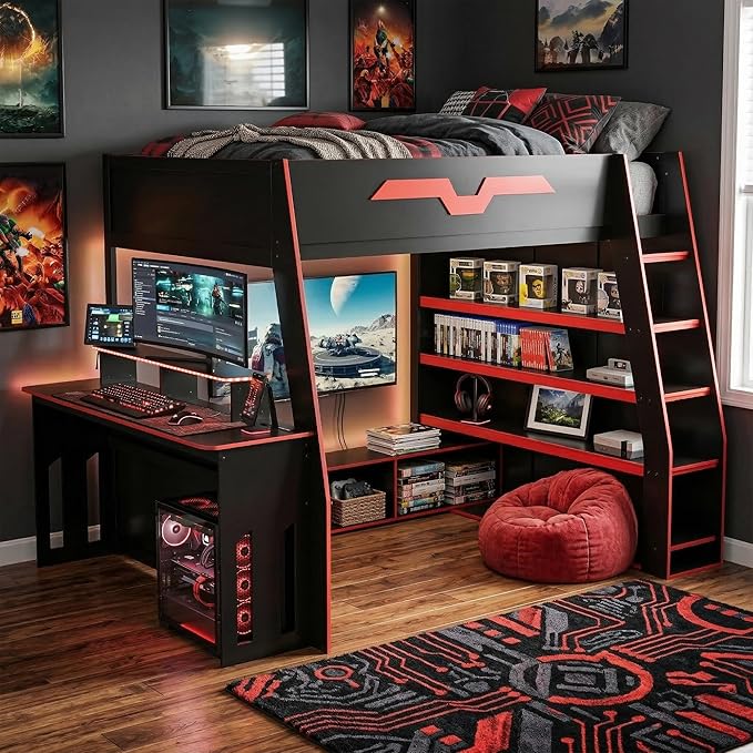 LUMISOL Full Size Wood Loft Bed with Desk and Multi-Storage Shelves, Gaming Loft Bed with RGB LED Lights and Adjustable Desk Placement, Space-Saving Game Bedframe with Under-Bed Storage, Red