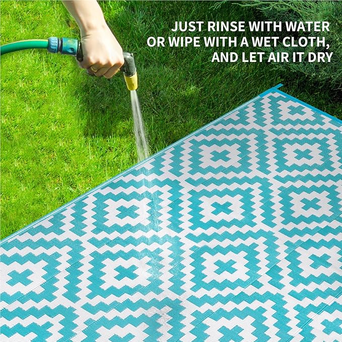 Outdoor Patio Plastic Straw Rug - 9'x12' Outdoor Camping Rug Waterproof Reversible, Area Carpet Patios Clearance RV, Outside Porch Balcony Deck for Camper, Blue & White