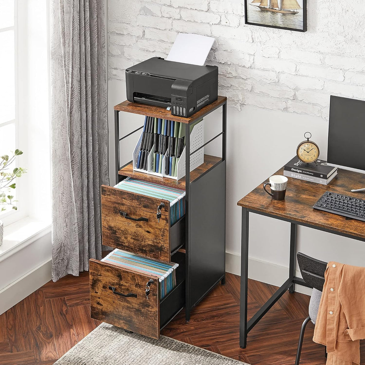 VASAGLE File Cabinet for Home Office, 2-Drawer Filing Cabinet with Lock, Open Shelf, Printer Stand, for A4 and Letter Sized Files, Adjustable Feet, Industrial, Rustic Brown and Ink Black UOFC045B01