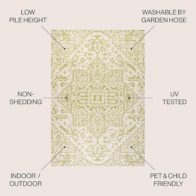 JONATHAN Y SMB105E-9 Estrella Bohemian Medallion Textured Weave Indoor Outdoor Area Rug, Coastal,Traditional,Transitional Easy Clean,Bedroom,Kitchen,Backyard,Patio, Non-Shed, Cream/Green, 9 X 12