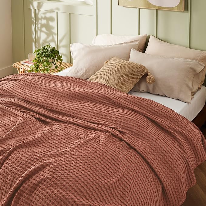 Bedsure Cooling Cotton Waffle Queen Size Blanket - Lightweight Breathable Blanket of Rayon Derived from Bamboo for Hot Sleepers, Luxury Throws for Bed, Couch and Sofa, Red Orange, 90x90 Inches