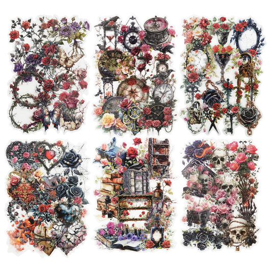 Miyouluna 180PCS Dark Gothic Rose PET Sticker Set with Vintage Skull Floral Art, Waterproof Peel and Stick Decor for Scrapbook Journal Collage Planner DIY