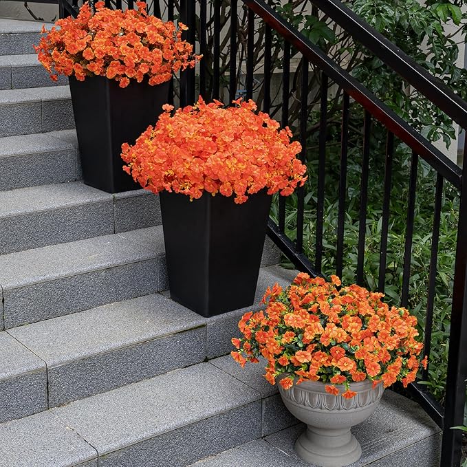 Artificial Faux Flowers for Outdoor 16 Bundles Boxwood Fake Morning Glory for Planter,UV Resistant Fake Flowers for Home Porch Patio Outside (Fall Red)