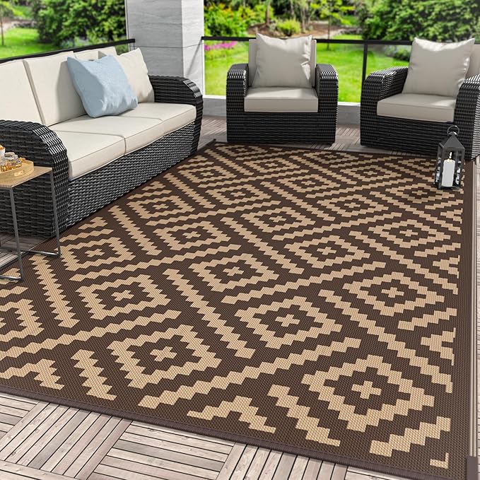 GENIMO Outdoor Rug for Patio Clearance, 6'x9' Reversible Plastic Straw Rugs, Lightweight Waterproof RV Camping Mat for Camper, Balcony, Deck, Backyard, Picnic, Coffee & Brown