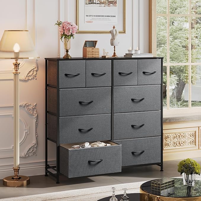 WLIVE Large Dresser for Bedroom, Fabric Dresser with 10 Drawers, Storage Tower with Fabric Bins, Double Dressers, Chest of Drawers for Closet, Living Room, Hallway, Dark Grey