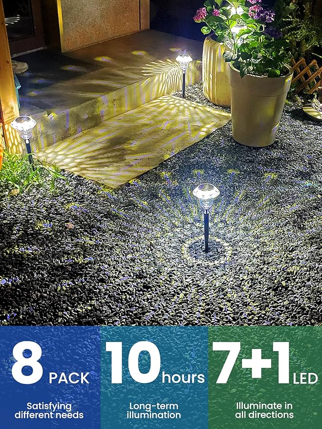 SOLPEX Solar Pathway Lights Garden Decor for Yard, Garden Lights Solar Powered Waterproof Landscape Lighting, Solar Outdoor Lights Porch Decor for Path Walkway Driveway (8 Pack Cold White)