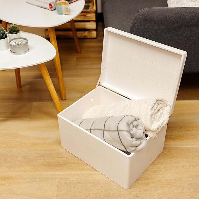 Large White Wooden Box Storage with Hinged Lid | 15.8 x 11.8 x 9.44 inches (+-0.5) | Gift Box for Tool Dog Toy Shoes Clothes Kitchen Storage Document | Wood Keepsake Chest