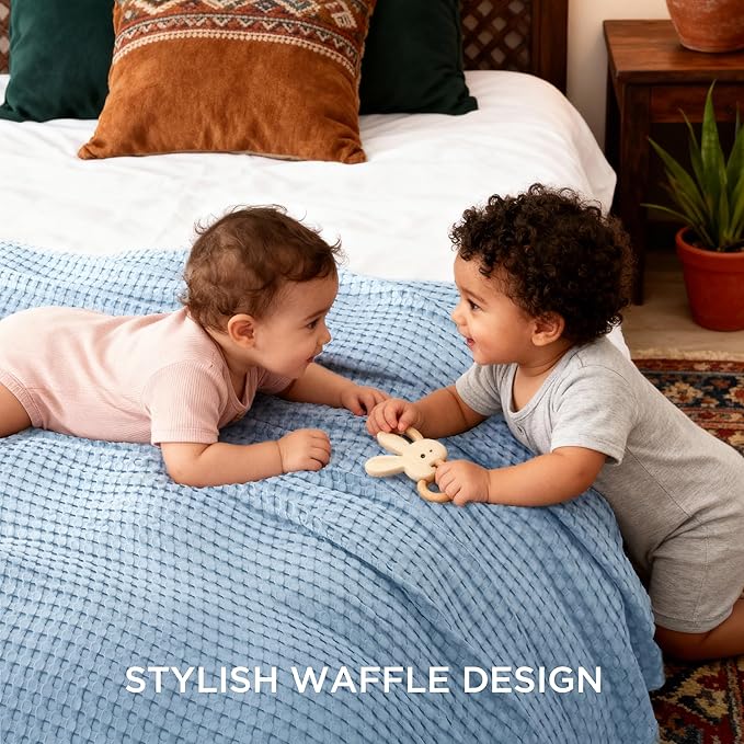 Bedsure Cooling Cotton Waffle Queen Size Blanket - Lightweight Breathable Blanket of Rayon Derived from Bamboo for Hot Sleepers, Luxury Throws for Bed, Couch and Sofa, Blue, 90x90 Inches