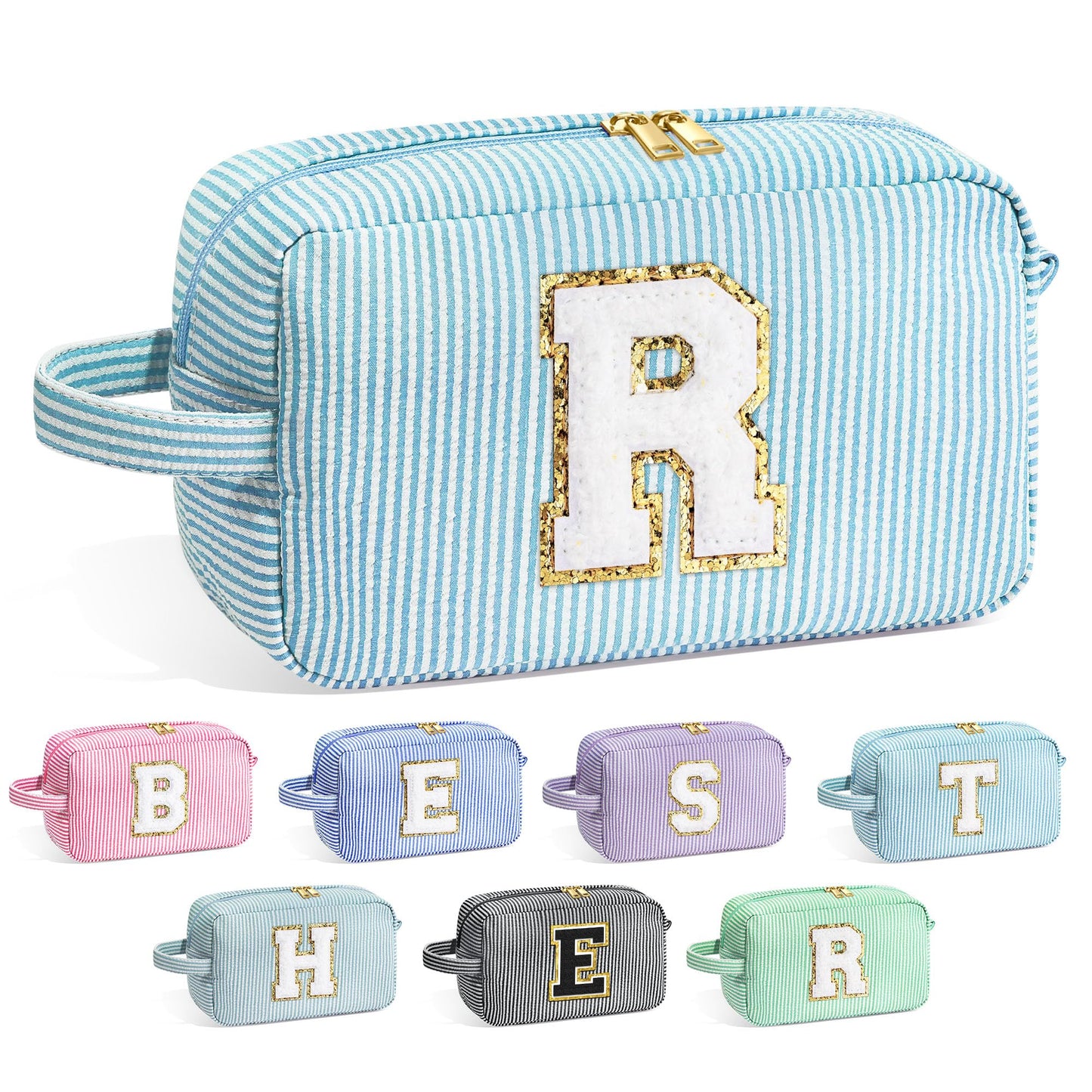 YOOLIFE Initial Makeup Bag - Personalized Cute Blue Makeup Bags, Girls Makeup Toiletry Bag Pouch, Makeup Case for Women Friend Female Sister, Birthday Gifts for Women R