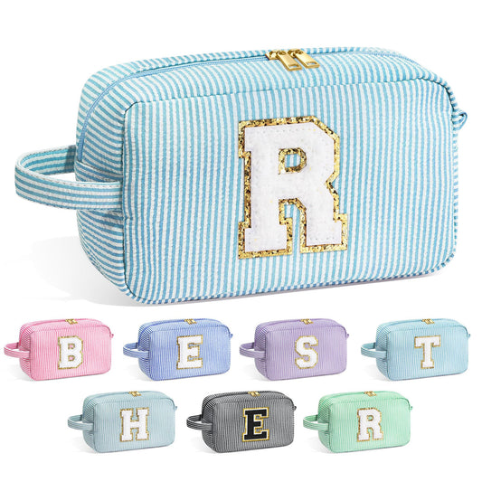 YOOLIFE Initial Makeup Bag - Personalized Cute Blue Makeup Bags, Girls Makeup Toiletry Bag Pouch, Makeup Case for Women Friend Female Sister, Birthday Gifts for Women R