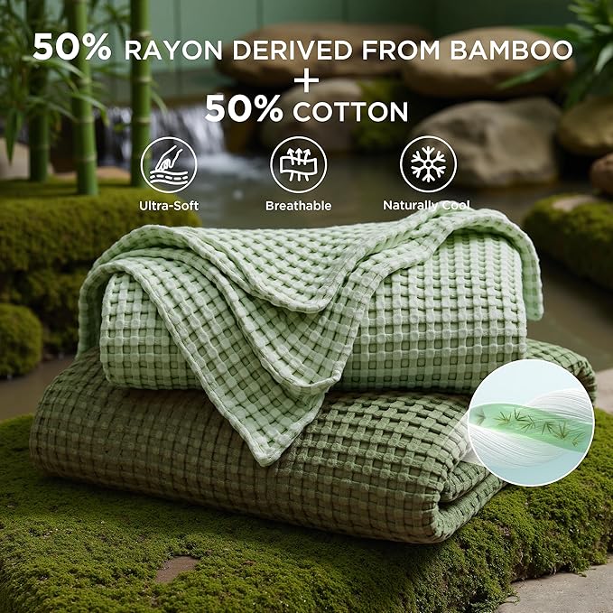 Bedsure Cooling Cotton Waffle Queen Size Blanket - Lightweight Summer Blanket of Rayon Derived from Bamboo for Hot Sleepers, Luxury Throws for Bed, Couch and Sofa, Forest Green, 90x90 Inches