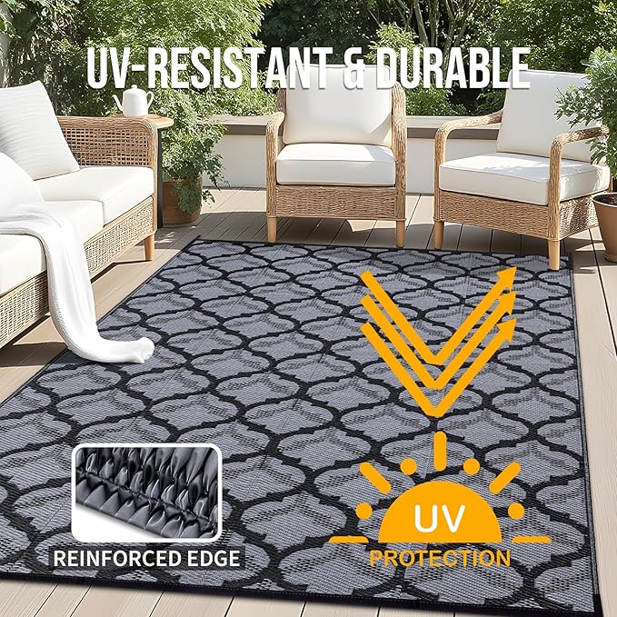 OLANLY Reversible Outdoor Rug 9x12 ft Clearance, Waterproof Outdoor Plastic Straw Rug with Interlacing Pattern, RV Mat for Patio, Camping, Balcony, Deck, Backyard, Black & Grey