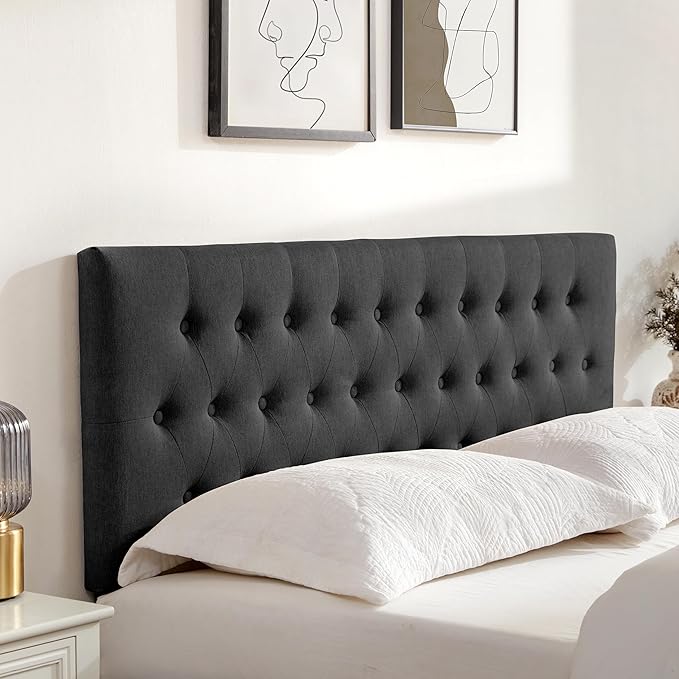 Tufted Upholstered Headboard King Size, Solid Wood Head Board with Durable Metal Legs, Adjustable Height Bed headboard from 37” to 51” Fabric Headboard in Modern Button Design (Black)