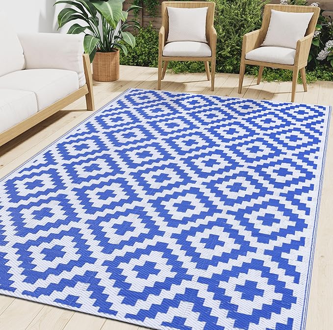 Smiry Waterproof Outdoor Rug 8x10 ft, Reversible Plastic Straw Patio Camping Rugs, Outdoor Indoor RV Mat Carpet for Patio, Outside Entry, Backyard, Deck, Bench, Picnic, Camper, White & Blue