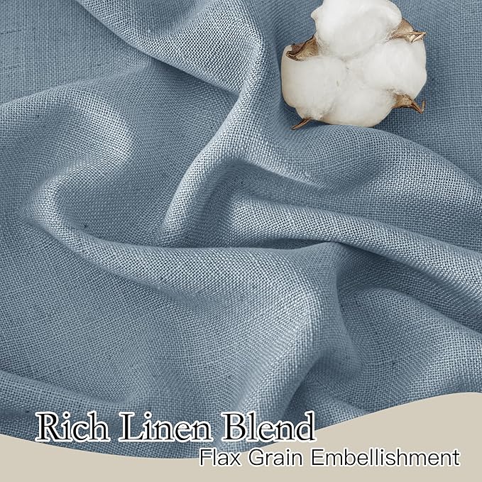 RYB HOME Flax Linen Blend Curtains for Closet Kitchen, Semi Translucent Privacy Protection Light Filtering Decorative Short Small Window Drapes for Bedroom, W 52 x L 36 inches, Dusty Blue, 2 Panels