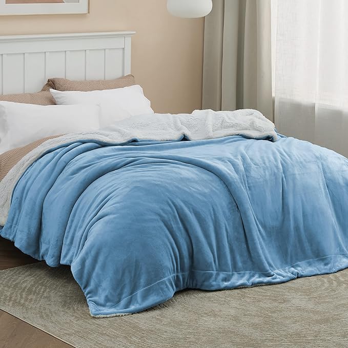 Bedsure GentleSoft Sherpa Fleece Blankets King Size for Bed - Thick and Warm, Soft Fuzzy Plush King Blanket for Winter, Washed Blue, 108x90 Inches