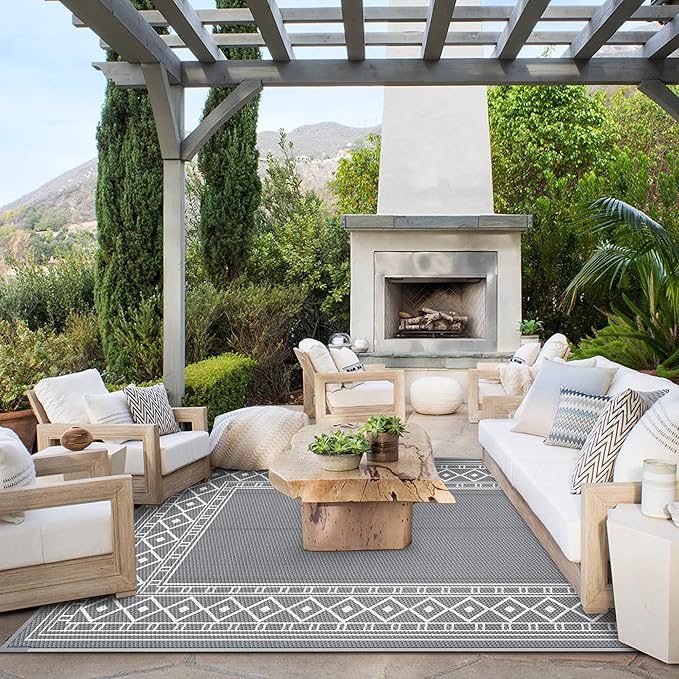GENIMO Outdoor Rug Waterproof for Patio Decor, 6'x9' Reversible Plastic Straw Area Carpet, Camping Outside Mat for Outdoor, RV, Deck, Camper, Balcony, Picnic, Grey & White