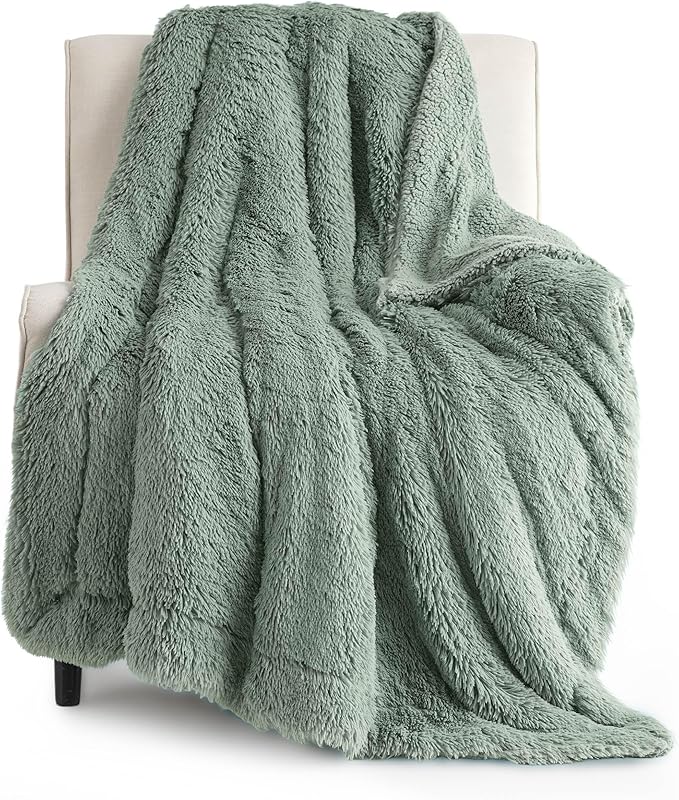 Bedsure GentleSoft Fuzzy Sherpa Faux Fur Twin Blanket Sage Green Cozy Gifts for Women Men, Soft Fleece Plush Warm Minky Thick Blanket Twin Size for Bed, Dorm Essentials Sage Room Decor Gifts, 60x80
