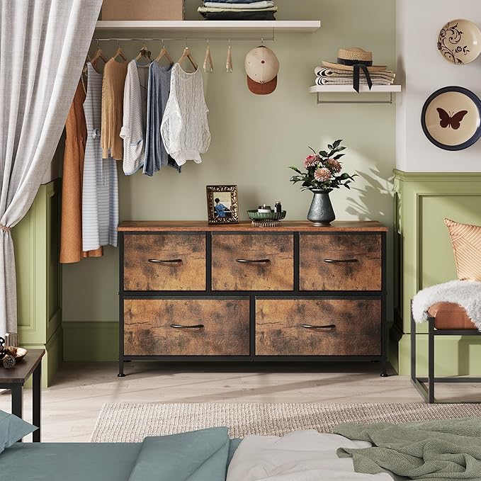 WLIVE Dresser for Bedroom with 5 Drawers, Wide Chest of Drawers, Fabric Dresser, Storage Organizer Unit with Fabric Bins for Closet, Living Room, Hallway, Rustic Brown Wood Grain Print