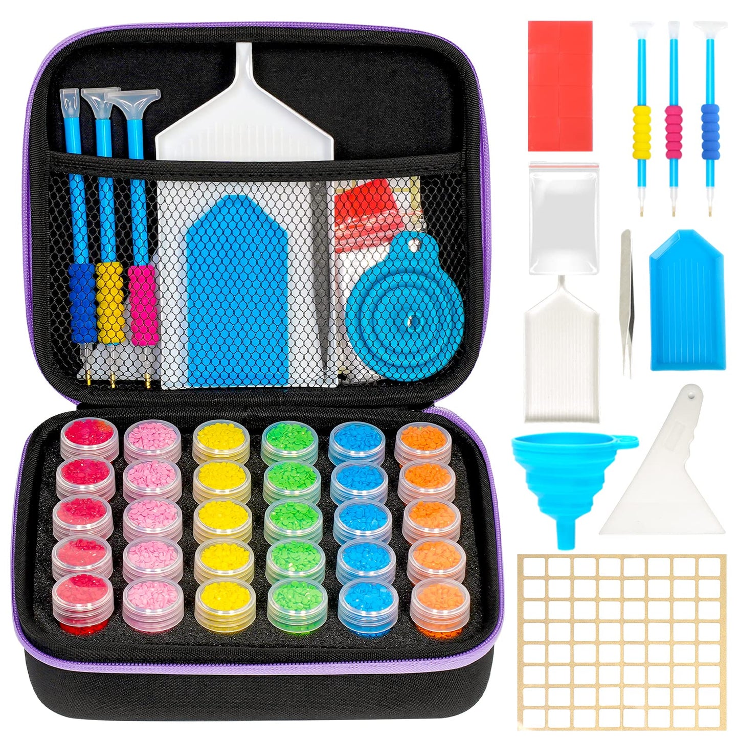 MoeeBtee Diamond Painting Storage Containers, 30 Slots Diamond Painting Accessories with Tools for Diamond Art Organizer Craft Jewelry Beads Storage Case - Purple