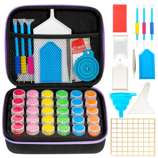 MoeeBtee Diamond Painting Storage Containers, 30 Slots Diamond Painting Accessories with Tools for Diamond Art Organizer Craft Jewelry Beads Storage Case - Purple