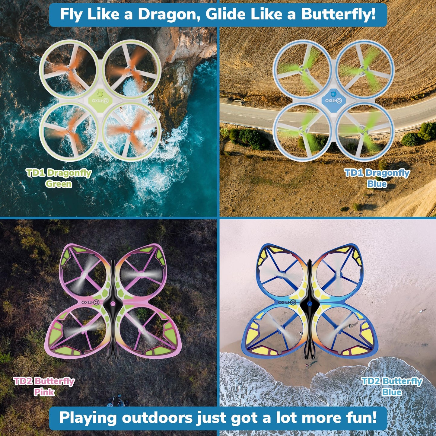 Contixo TD2 Kids Mini Drone – Beginner RC Butterfly Drones with LED Lights, One-Button Takeoff and Landing, 3D Flip, Headless Mode, Altitude Hold, 3 Speeds, 2 Batteries, Toy for Boys and Girls-Blue