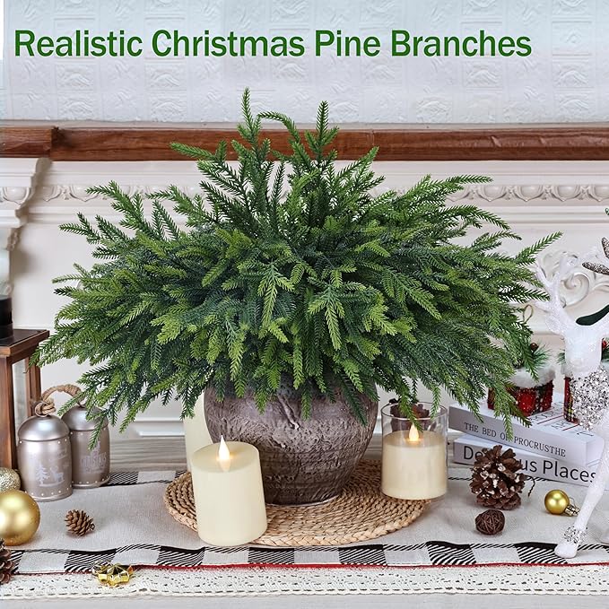 24 Pcs Pine Branches Artificial Green Pine Stem - Real Touch Christmas Greenery Pines Branch for Vase DIY Crafts Flower Arrangement Home Indoor Christmas Decor(18 Inch)