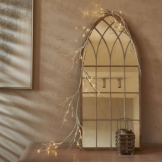 Hairui Birch Garland with Lights 6FT 48 LED Battery Operated, Lighted Twig Vine with Timer for Christmas Home Fireplace Decoration Indoor Outdoor Use