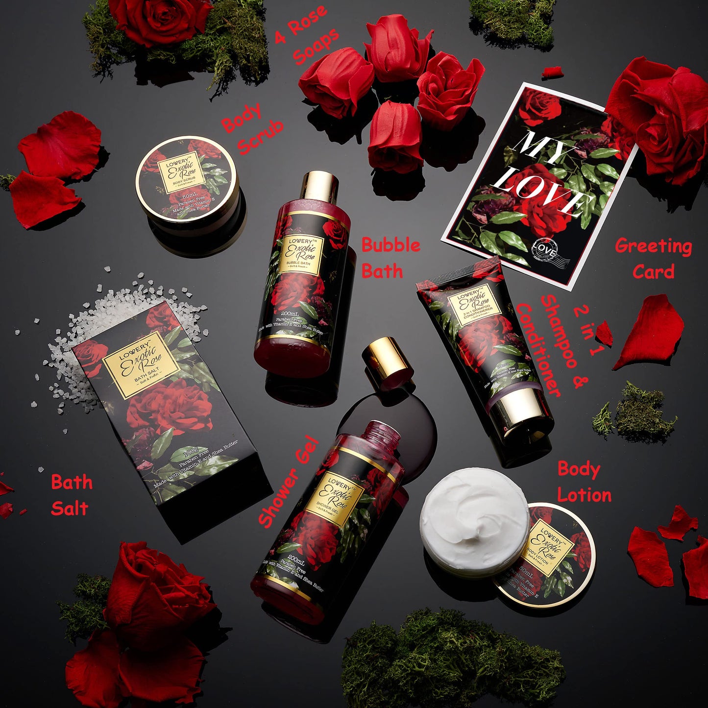 Anniversary Gifts for Women - Exotic Rose Gift Basket for Women, Spa Bath and Body Gift Set, Mom Gifts for Her, Birthday Gift with Body Scrub, Bubble Bath, Lotion & More