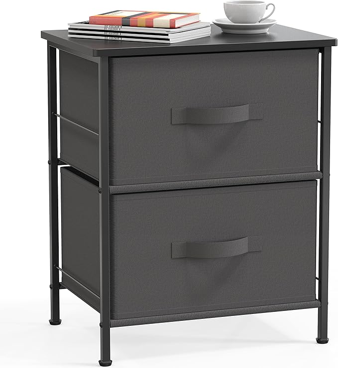SIMPLE HOUSEWARE 2 Tier Night Stands Dresser for Bedroom Organizer Drawer Storage Tower, Dark Grey