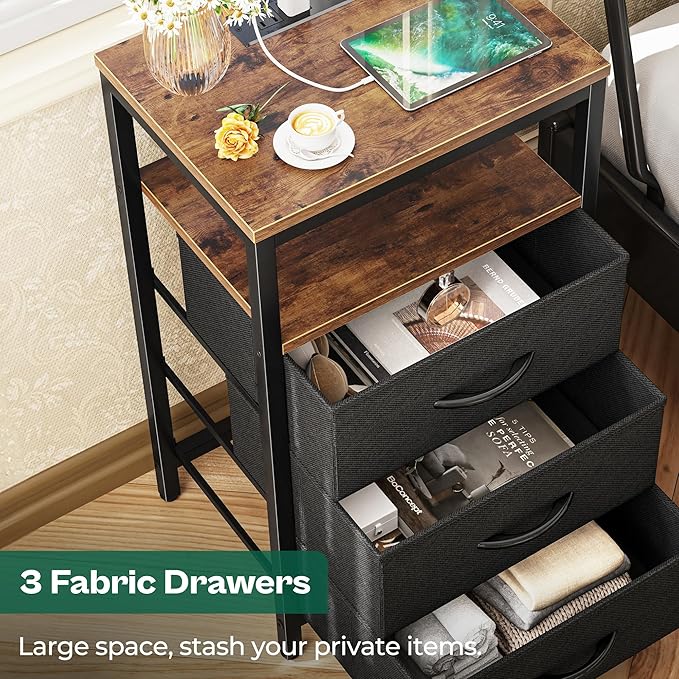 Huuger Nightstands Set of 2, 27.6 Inch End Tables with Charging Station, Fabric Drawers, Bedside Tables with USB-C Port and Outlet, Night Stands for Bedroom, Rustic Brown and Black