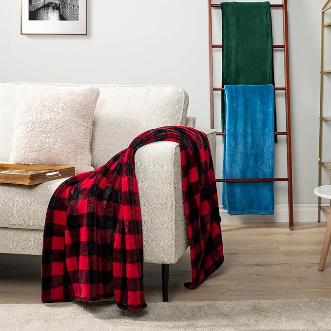 PAVILIA Black and Red Buffalo Plaid Fleece Bed Blanket King Size, Soft Checkered Flannel Blanket for Sofa, Plaid Christmas Couch Throw Bed, Warm Cozy Decorative Blanket Fall Decor Gift, 90x90