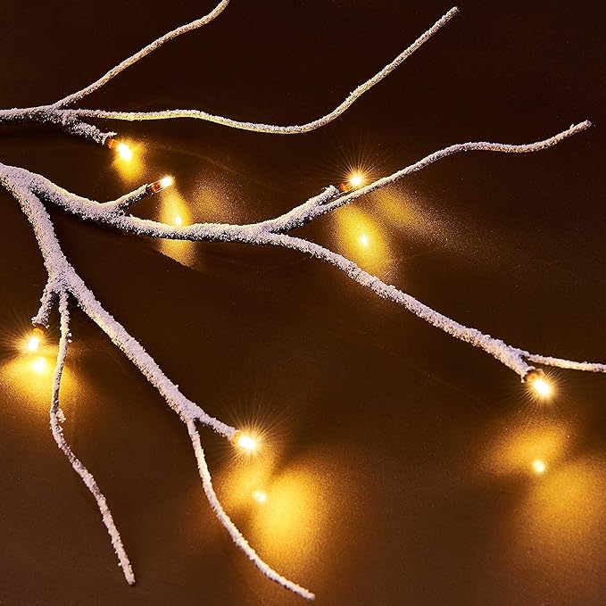 Hairui Lighted Garland Snow Flocked with Timer 6FT 48 LED Battery Operated Pre-lit Twig Vine Firepalce Mantle Table Winter Christmas Decoration Indoor Outdoor