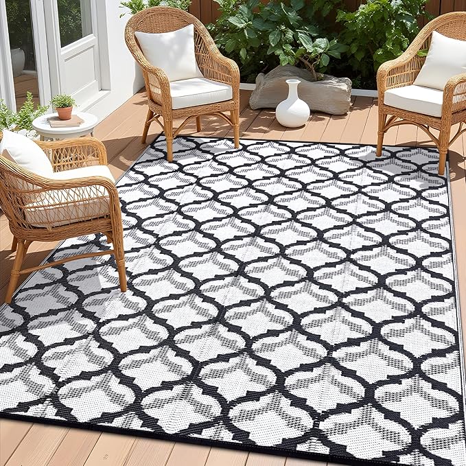 OLANLY Reversible Outdoor Rug 6x9 ft Clearance, Waterproof Outdoor Plastic Straw Rug with Interlacing Pattern, RV Mat for Patio, Camping, Balcony, Deck, Backyard, Black & White