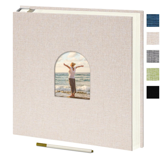Vienrose 9.84x9.06 Inch Small Self-Adhesive Photo Album Linen Cover Arch Window Scrapbook Album 40 Blank Pages Memory Book with A Metallic Pen, Beige