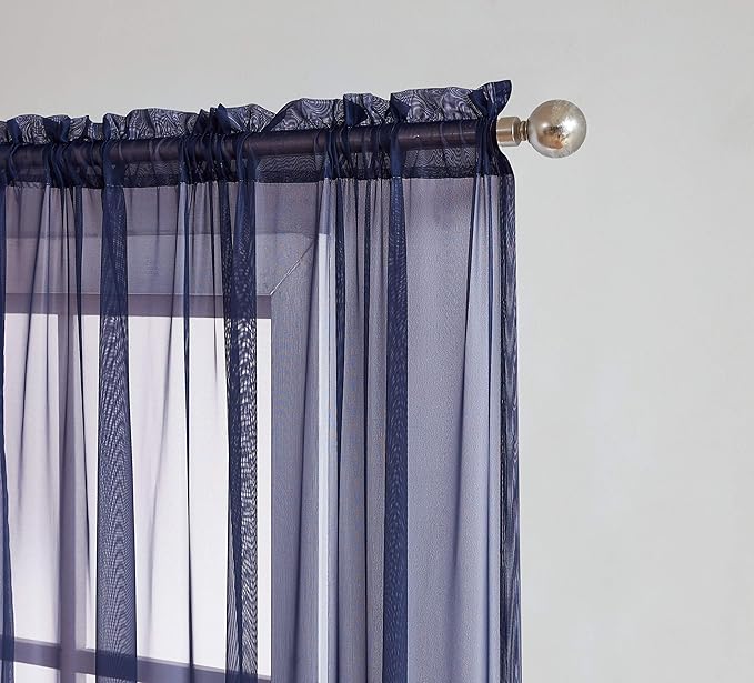 LINENZONE Pair of 2 Rod Pocket Long Window Treatments. Great Farmhouse Style Sheer Curtains for Living Room, Bedroom, Dining Room, Patio or Canopy Bed. (Amazing Sheers - 56" W x 96" L, Blue Navy)
