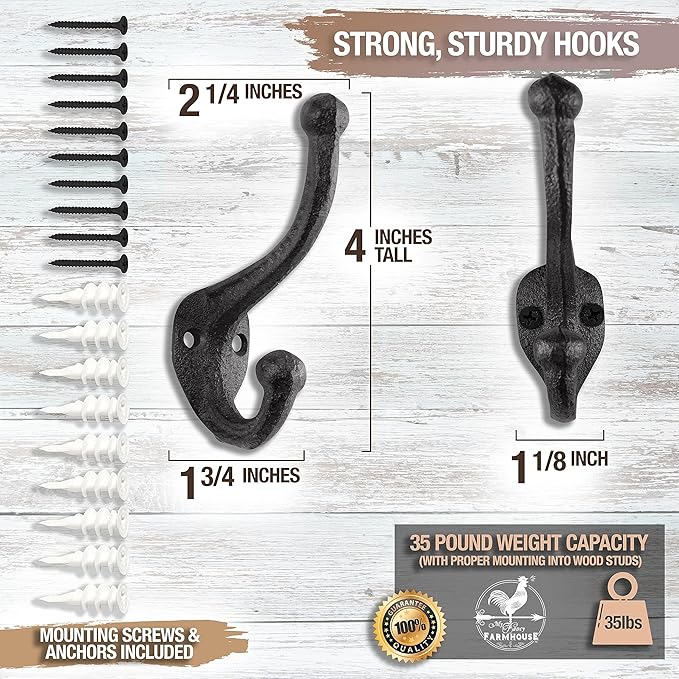 Rustic Cast Iron Coat Hooks (10 Pack) Wall Mounted Farmhouse Decorative Wall Hooks, Vintage Hooks for Hanging Coats, Bags, Hats, Towels (Antique Black)