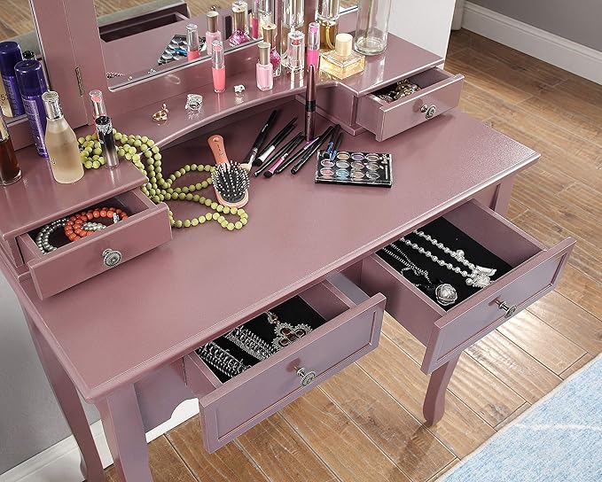 Roundhill Furniture Sanlo Wooden Vanity, Make Up Table and Stool Set, RoseGold