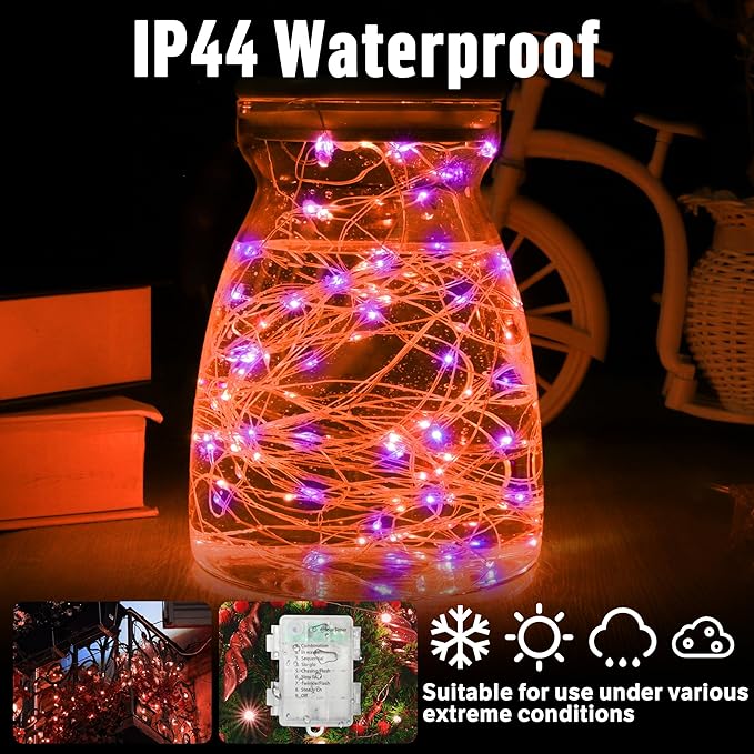 33Ft 100 LED String Lights, Orange & Purple Fairy Lights Battery Operated with Remote, Waterproof Twinkle Lights for Home Party Ghost Haunted House Indoor Outdoor Halloween Decorations