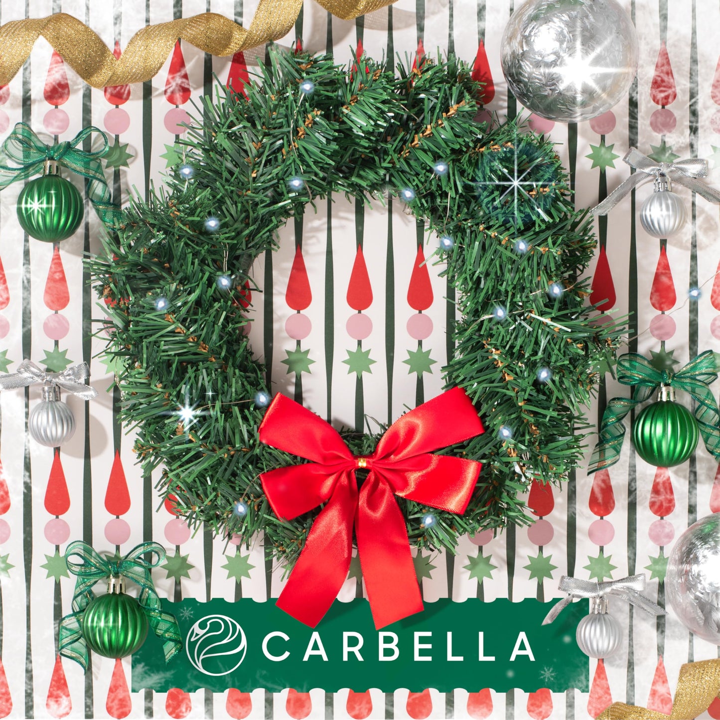 Carbella Christmas Wreath for Car Truck SUV Van, LED Light Up with Red Bow Decoration Ornament Mount Xmas Artificial Pine Water-Proof Winter Holiday Wreath Mounting Hardware Included (11" x 11"")"