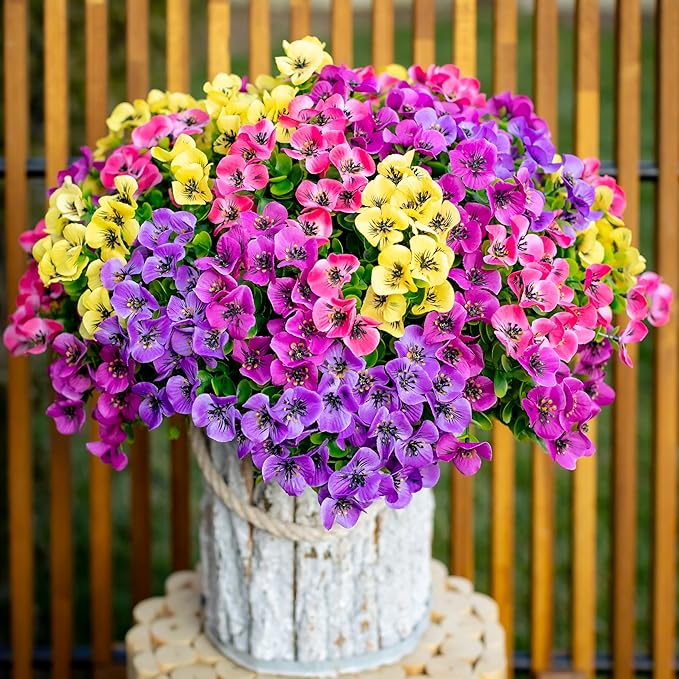 Artificial Flowers Outdoor Fake Plants - 16 Bundles UV Resistant No Fade Faux Shrubs Plastic Greenery Home Garden Porch Patio Decoration (1, Multi02-16pcs)