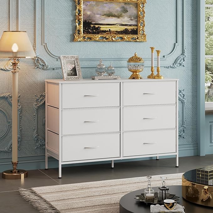 WLIVE Wide Dresser with 6 Drawers, TV Stand for 50" TV, Entertainment Center with Metal Frame, Wooden Top, Fabric Storage Dresser for Bedroom, Hallway, Entryway, White