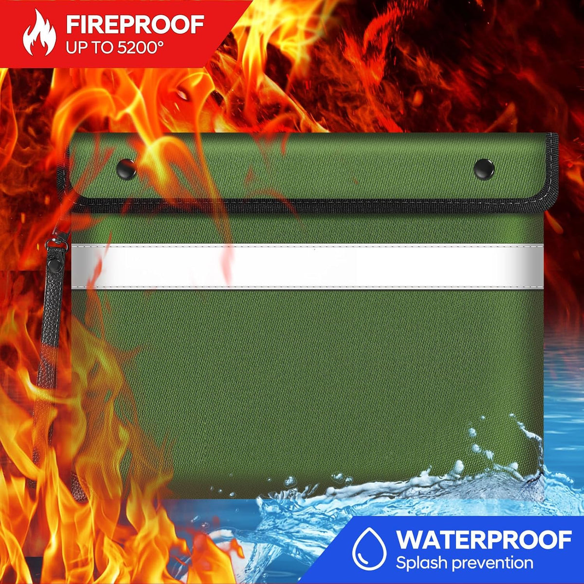 Upgraded Fireproof Document Bag 5200°F Heat Insulated,11"x7.7"Waterproof Fireproof Money Bag with Water-resistant Zipper,Fireproof Envelopes for Documents,Cash,Valuables(Green)