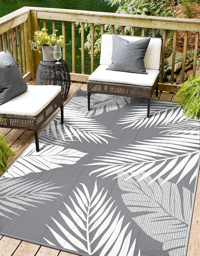 Outdoor Rug 8' x 10' for Patio Waterproof Clearance, Reversible Indoor Outdoor Plastic Straw Camping Rug Carpet, RV Mat, Large Area Rug for Deck, Backyard, Balcony, Porch, Beach,Grey and White