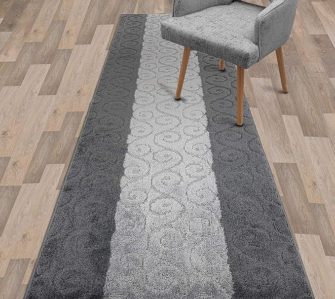 Custom Size Modern Runner Rug Carpet for Hallway Entryway Foyer Kitchen, Slip Resistant Latex Rubber Backed 31 inch Wide X Customized Length, Scroll Grey, 31 inch X 15 feet