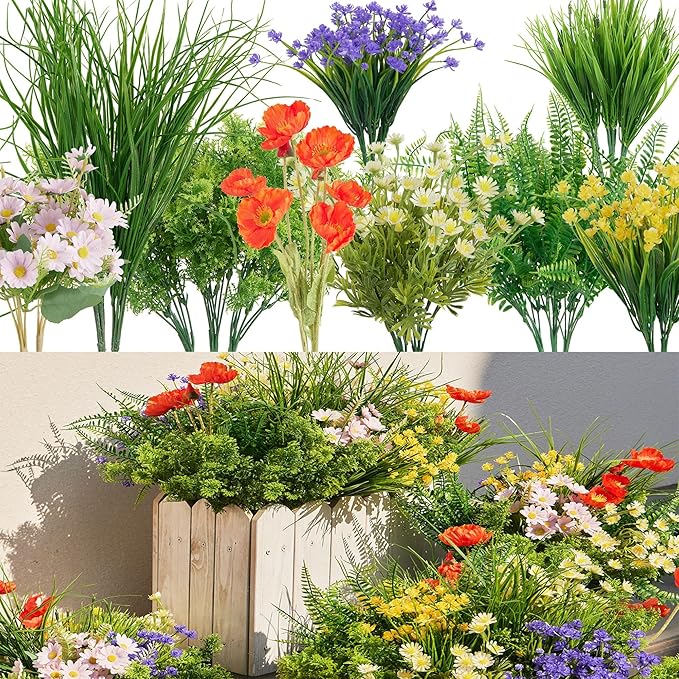 23Pcs Outdoor Artificial Boxwood UV Resistant Fake Stems Plants, Faux Plastic Greenery for Indoor Outside Hanging Plants Garden Porch Window Box Home Wedding Farmhouse Décor