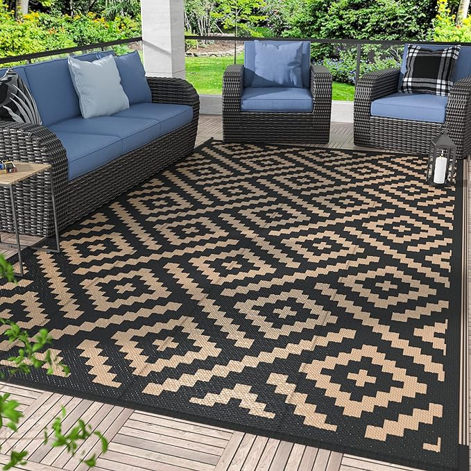 GENIMO Outdoor Rug for Patio Clearance,9'x12' Waterproof Large Mat,Reversible Plastic Camping Rugs,Rv,Porch,Deck,Camper,Balcony,Backyard (Black & Brown)